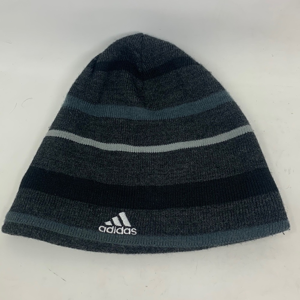 Adidas Striped Knit Beanie Hat Gray Black White Winter Skull Cap Skater Gorpcore